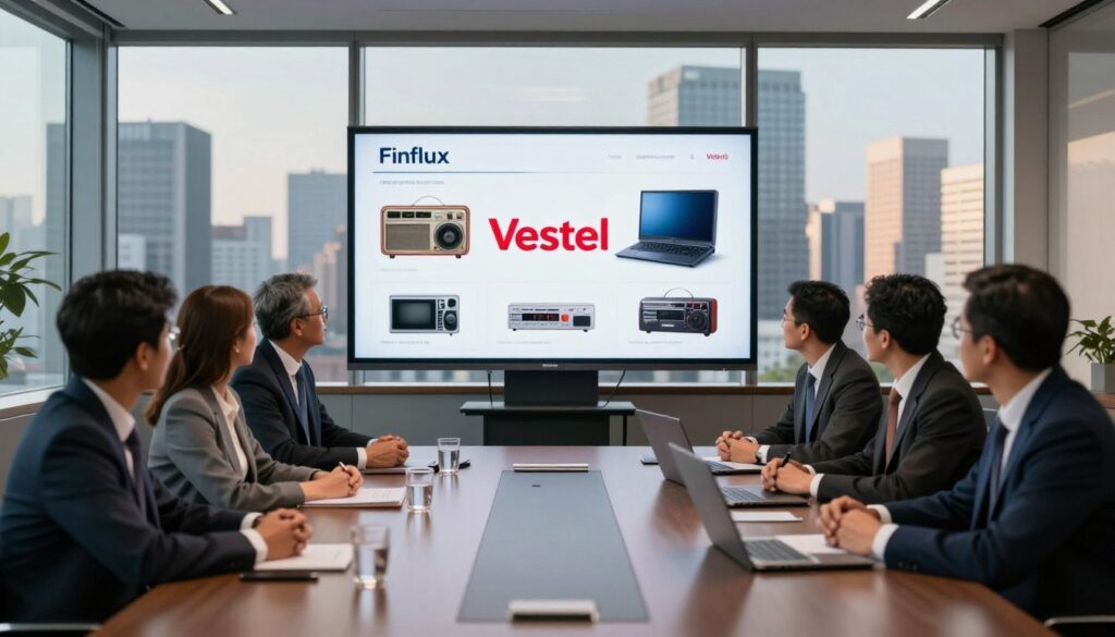 A dramatic corporate meeting scene set in a sleek, modern conference room. In the foreground, a group of diverse executives in professional business attire are engaged in a focused discussion, examining a digital presentation showcasing Vestel's logo and Finlux products. The middle layer features a large screen displaying retro and contemporary Finlux electronics, emphasizing the brand's evolution from the 1960s to its acquisition by Vestel. In the background, large windows reveal a bustling city skyline bathed in warm afternoon light, creating an atmosphere of innovation and progress. The image captures a sense of collaboration and corporate energy, highlighting the connection between the two brands while ensuring a clear, professional aesthetic.