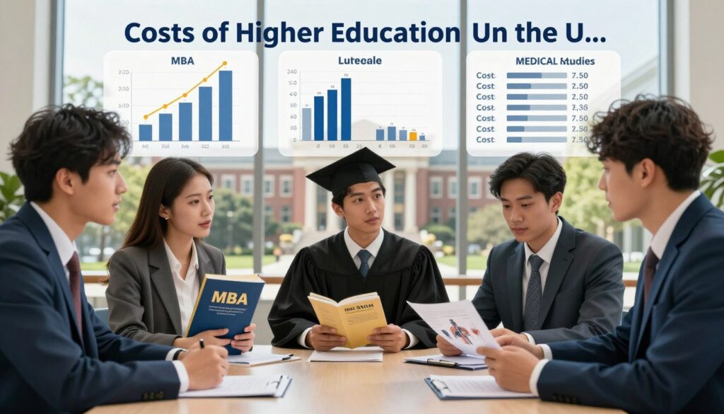 A dynamic and vibrant composition showcasing the comparative costs of higher education in the U.S., focusing on MBA, law, and medical studies. In the foreground, a diverse group of three individuals in professional business attire are engaged in discussion around a table with educational materials, representing each field: a businesswoman with an MBA textbook, a law student with legal texts, and a medical student with anatomy illustrations. The middle ground features charts and infographics illustrating tuition rates and cost insights, set against a backdrop of a modern university campus with classic architecture. Soft, natural lighting filters in through large windows, creating a welcoming atmosphere. The scene conveys determination, ambition, and the importance of financial planning for education.