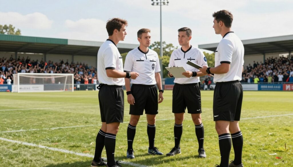 A dynamic composition featuring a group of football referees in crisp black and white uniforms, confidently interacting around a football pitch. In the foreground, two referees are discussing a match strategy, while another checks a clipboard, showcasing their professionalism and seriousness. The middle ground includes a vibrant football field with goalposts, surrounded by a cheering crowd, emphasizing the lively atmosphere of a match. In the background, a sunny sky enhances the scene, creating a warm and engaging mood. The lighting is bright and natural, reflecting a clear day. The image captures the essence of dedication and teamwork among referees, inviting viewers into the world of sports officiating. A dynamic composition featuring a group of football referees in crisp black and white uniforms, confidently interacting around a football pitch. In the foreground, two referees are discussing a match strategy, while another checks a clipboard, showcasing their professionalism and seriousness. The middle ground includes a vibrant football field with goalposts, surrounded by a cheering crowd, emphasizing the lively atmosphere of a match. In the background, a sunny sky enhances the scene, creating a warm and engaging mood. The lighting is bright and natural, reflecting a clear day. The image captures the essence of dedication and teamwork among referees, inviting viewers into the world of sports officiating.