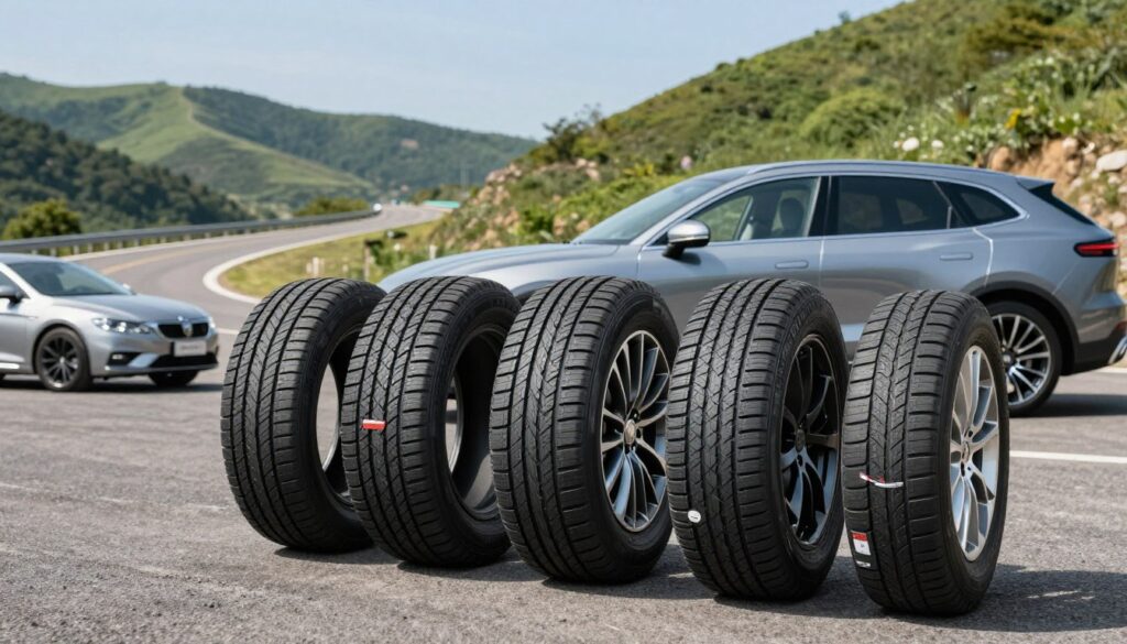A dynamic display of Falken tires showcased prominently in the foreground, featuring a variety of models suitable for different types of vehicles like sedans, SUVs, and sports cars. The tires should be positioned to highlight their tread patterns and performance features, with labels subtly indicating their strengths, like wet grip and durability. In the middle ground, a sleek, modern car is parked on a well-lit asphalt surface, while in the background, a scenic view of a winding road surrounded by green hills under a clear blue sky sets an inviting outdoor atmosphere. The image is illuminated by soft, natural daylight, enhancing the textures of the tires and the vehicle. The overall mood conveys professionalism and reliability, ideal for automotive enthusiasts.