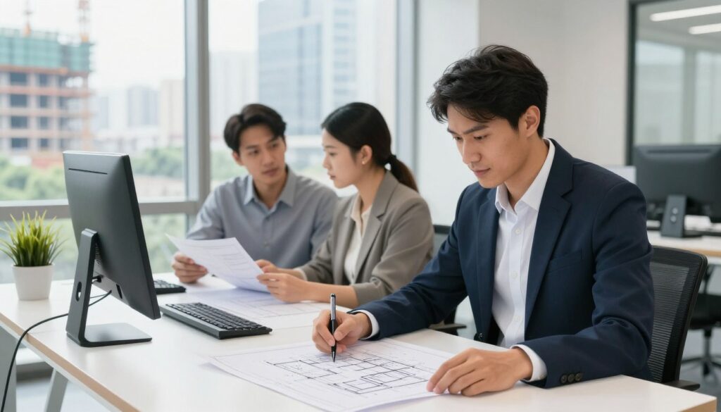 A dynamic office setting depicting different employment forms for architects. In the foreground, a confident architect in professional attire is reviewing architectural plans on a modern desk, symbolizing self-employment. In the middle ground, another architect engaged in a discussion with a colleague, representing contract work, surrounded by digital devices and papers. In the background, a large window showcasing a cityscape with construction sites reflects the bustling environment. The lighting is bright and inspiring, with natural sunlight illuminating the space, created with a soft focus on the background to emphasize the subjects. The overall mood is professional, emphasizing the diverse employment options available for architects. A dynamic office setting depicting different employment forms for architects. In the foreground, a confident architect in professional attire is reviewing architectural plans on a modern desk, symbolizing self-employment. In the middle ground, another architect engaged in a discussion with a colleague, representing contract work, surrounded by digital devices and papers. In the background, a large window showcasing a cityscape with construction sites reflects the bustling environment. The lighting is bright and inspiring, with natural sunlight illuminating the space, created with a soft focus on the background to emphasize the subjects. The overall mood is professional, emphasizing the diverse employment options available for architects.