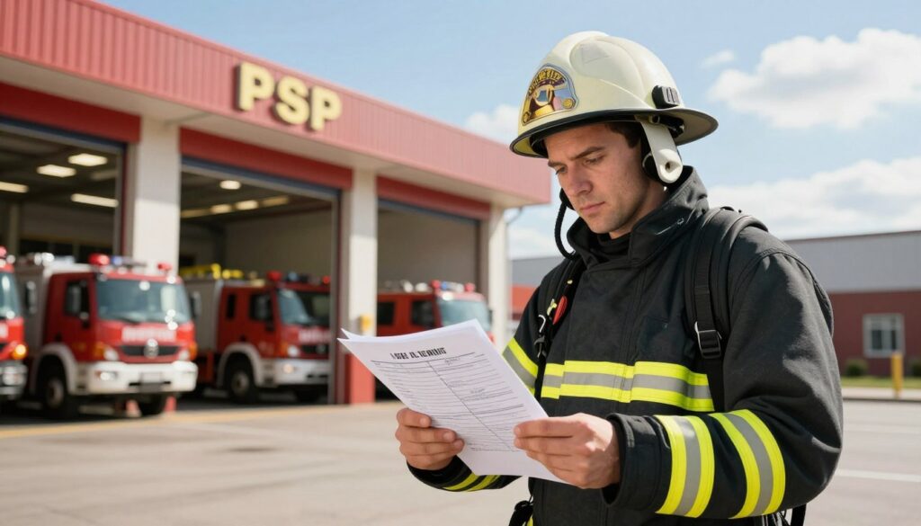 A dynamic scene depicting a firefighter from the State Fire Service (PSP) standing at a fire station, showcasing their uniform and gear. In the foreground, the firefighter is reviewing a detailed document about salary and benefits, with a thoughtful expression on their face. The middle ground features a bright and modern fire station, complete with fire trucks and equipment, suggesting a sense of readiness and professionalism. The background includes a clear blue sky with a few clouds, conveying a hopeful atmosphere. The lighting is warm and natural, creating an inviting ambiance. Capture the essence of dedication and service in the firefighter's posture and expression, while ensuring that the overall tone is serious yet inspiring, representing the important topic of firefighter compensation. A dynamic scene depicting a firefighter from the State Fire Service (PSP) standing at a fire station, showcasing their uniform and gear. In the foreground, the firefighter is reviewing a detailed document about salary and benefits, with a thoughtful expression on their face. The middle ground features a bright and modern fire station, complete with fire trucks and equipment, suggesting a sense of readiness and professionalism. The background includes a clear blue sky with a few clouds, conveying a hopeful atmosphere. The lighting is warm and natural, creating an inviting ambiance. Capture the essence of dedication and service in the firefighter's posture and expression, while ensuring that the overall tone is serious yet inspiring, representing the important topic of firefighter compensation.