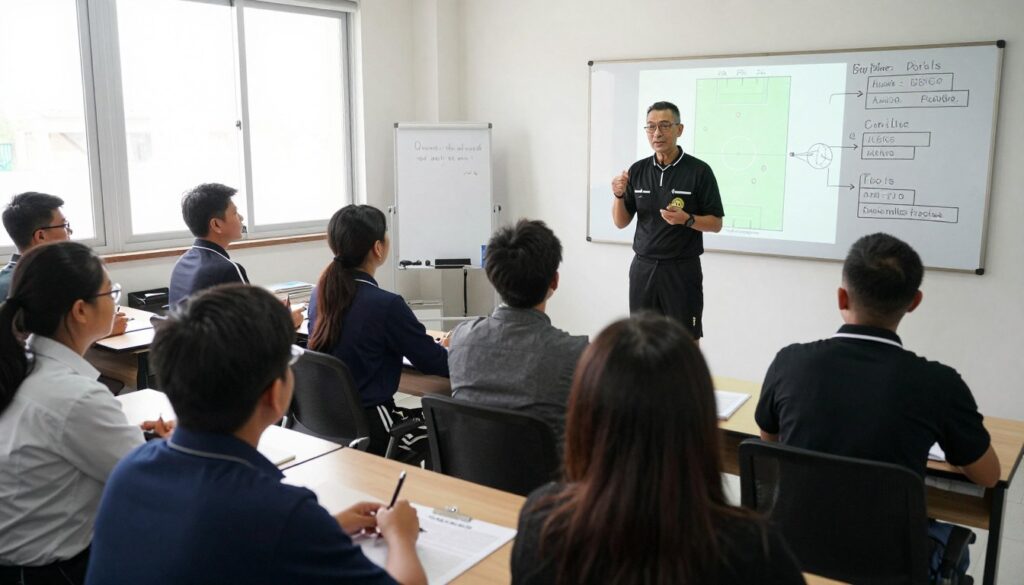 A dynamic scene depicting a football referee training course in an indoor classroom setting. In the foreground, a group of diverse aspiring referees, both male and female, are attentively listening to a seasoned referee instructor. They are dressed in professional attire, taking notes, and engaging in discussion. In the middle, a large whiteboard displays diagrams of football field positions and rules, while instructional materials are scattered across desks. In the background, large windows allow natural light to fill the room, creating a bright and focused atmosphere. The mood is one of enthusiasm and dedication, capturing the essence of learning and growth for future referees. The perspective is slightly elevated, providing a comprehensive view of the class in action. A dynamic scene depicting a football referee training course in an indoor classroom setting. In the foreground, a group of diverse aspiring referees, both male and female, are attentively listening to a seasoned referee instructor. They are dressed in professional attire, taking notes, and engaging in discussion. In the middle, a large whiteboard displays diagrams of football field positions and rules, while instructional materials are scattered across desks. In the background, large windows allow natural light to fill the room, creating a bright and focused atmosphere. The mood is one of enthusiasm and dedication, capturing the essence of learning and growth for future referees. The perspective is slightly elevated, providing a comprehensive view of the class in action.