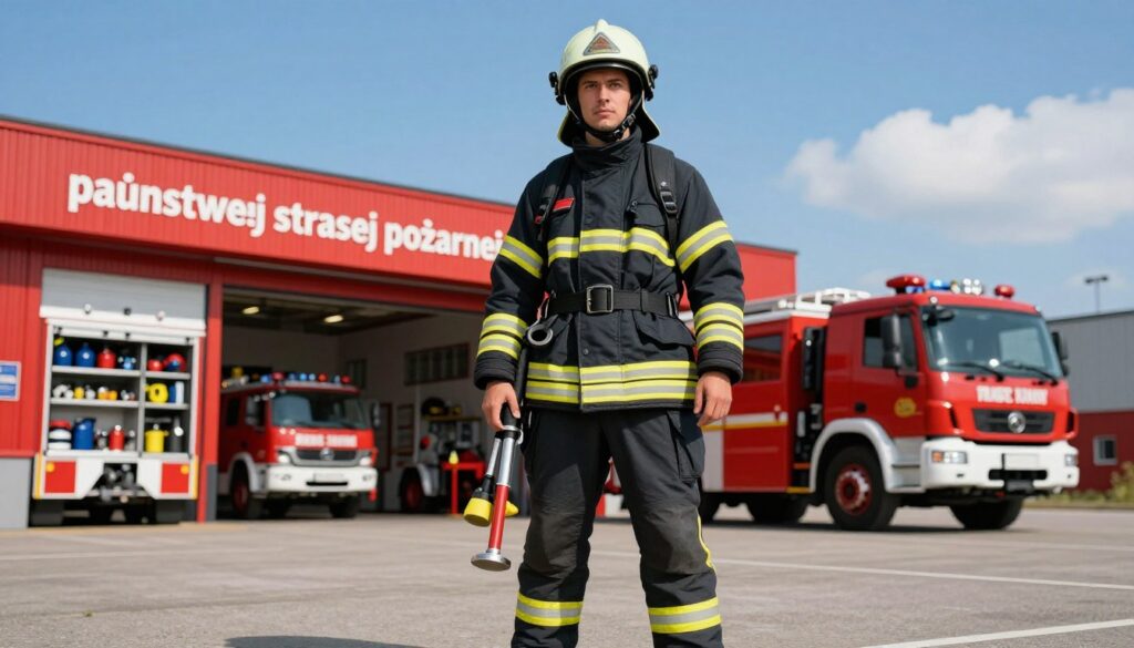 A dynamic scene depicting a professional firefighter from the "państwowej straży pożarnej" standing confidently in front of a modern fire station. The firefighter is wearing a well-fitted uniform with protective gear, including a helmet, and is carrying firefighting tools. In the background, the fire station showcases bright red fire trucks and equipment, with a clear blue sky above. The lighting is bright and natural, illuminating the vivid colors of the uniform and the fire station. The composition should be taken from a slightly low angle to emphasize the firefighter's stature and professionalism, evoking a sense of pride and dedication. The atmosphere is energetic and inspiring, highlighting the importance of their work in public safety.