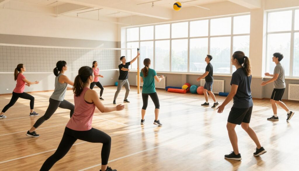 A dynamic scene depicting a university physical education class for part-time students. In the foreground, a diverse group of adults in professional athletic wear engaged in various physical activities such as yoga, volleyball, and running. Capture their enthusiastic expressions and interactions. In the middle ground, a trainer demonstrates techniques while providing encouragement, surrounded by equipment like mats and balls. The background shows a bright, modern gymnasium with large windows letting in natural sunlight, enhancing a lively atmosphere. Use a wide-angle lens to capture the extent of the activities, with warm lighting to evoke an inviting and spirited mood. A dynamic scene depicting a university physical education class for part-time students. In the foreground, a diverse group of adults in professional athletic wear engaged in various physical activities such as yoga, volleyball, and running. Capture their enthusiastic expressions and interactions. In the middle ground, a trainer demonstrates techniques while providing encouragement, surrounded by equipment like mats and balls. The background shows a bright, modern gymnasium with large windows letting in natural sunlight, enhancing a lively atmosphere. Use a wide-angle lens to capture the extent of the activities, with warm lighting to evoke an inviting and spirited mood.