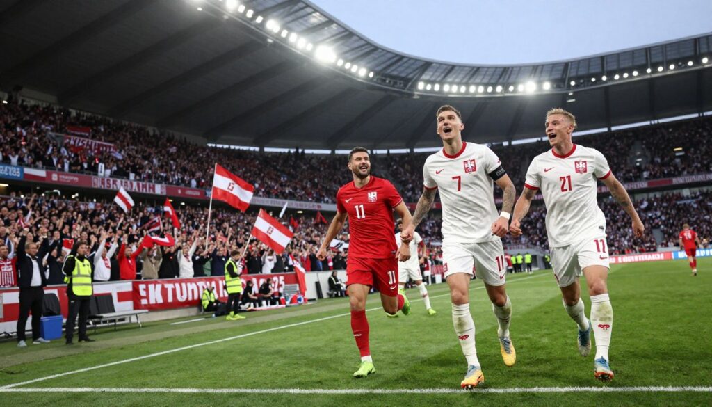 A dynamic scene featuring the top-paid soccer players in Poland's Ekstraklasa for 2025. In the foreground, three well-dressed players in professional sports attire are celebrating a goal on a vibrant football field, their expressions displaying joy and determination. In the middle ground, a cheering crowd waves flags and banners, creating an energetic atmosphere. The background showcases a grand stadium under dramatic evening lighting, with stadium lights illuminating the scene, casting soft shadows. The image has a cinematic quality, with a slight tilt perspective to enhance the action. The overall mood is celebratory and inspiring, encapsulating the thrill of top-level soccer in Poland. The scene is free of any text or watermarks.