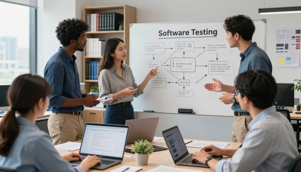 A dynamic scene in a modern office environment showcasing the fundamentals of software testing. In the foreground, a diverse group of professionals, two men and one woman, are engaged in a collaborative discussion, all dressed in smart business casual attire. They are standing around a table with laptops, documents, and charts displaying software testing frameworks and methodologies. In the middle ground, a large whiteboard filled with technical diagrams and notes about testing processes enhances the learning atmosphere. The background features a well-lit office with shelves of programming books and a window showing a city skyline. The lighting is bright and inviting, creating a focus on teamwork and innovation, with a motivating ambiance that inspires the viewer towards a career in software testing. A dynamic scene in a modern office environment showcasing the fundamentals of software testing. In the foreground, a diverse group of professionals, two men and one woman, are engaged in a collaborative discussion, all dressed in smart business casual attire. They are standing around a table with laptops, documents, and charts displaying software testing frameworks and methodologies. In the middle ground, a large whiteboard filled with technical diagrams and notes about testing processes enhances the learning atmosphere. The background features a well-lit office with shelves of programming books and a window showing a city skyline. The lighting is bright and inviting, creating a focus on teamwork and innovation, with a motivating ambiance that inspires the viewer towards a career in software testing.