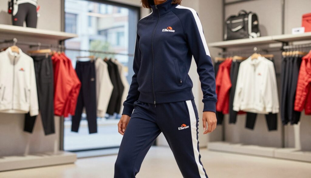 A dynamic scene showcasing a stylish, sporty ensemble featuring the "Ellesse" logo prominently displayed on a high-quality, well-fitted athletic jacket and matching joggers. The foreground includes a confident individual wearing the outfit, set in a professional, casual pose, highlighting the functionality and trendy design of the clothing. The middle background depicts a sleek urban sportswear store environment, emphasizing a contemporary and energetic atmosphere. Soft, natural lighting highlights the textures and colors of the attire, while a slightly blurred cityscape backs the scene, creating a vibrant yet focused ambiance. The composition captures the essence of modern sportswear fashion, projecting quality and sophistication, making it relevant to the discussion of Ellesse in the context of other athletic brands.