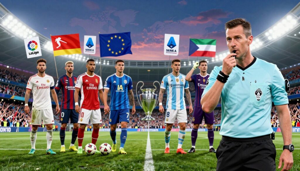 A dynamic sports scene featuring a global football comparison with vibrant flags of Europe and the world in the background. In the foreground, a professional soccer referee in a sharp business attire, holding a whistle and gesturing thoughtfully, symbolizing authority and fairness. In the middle ground, football icons representing La Liga, Bundesliga, Serie A, Premier League, and the UEFA Champions League are depicted as players in distinct kits, showcasing their competitive spirit. The atmosphere is electric, with bright stadium lights illuminating the scene, capturing the excitement and intensity of international football. A panoramic view captures a diverse crowd of fans cheering, set against the backdrop of a grand stadium under a twilight sky.