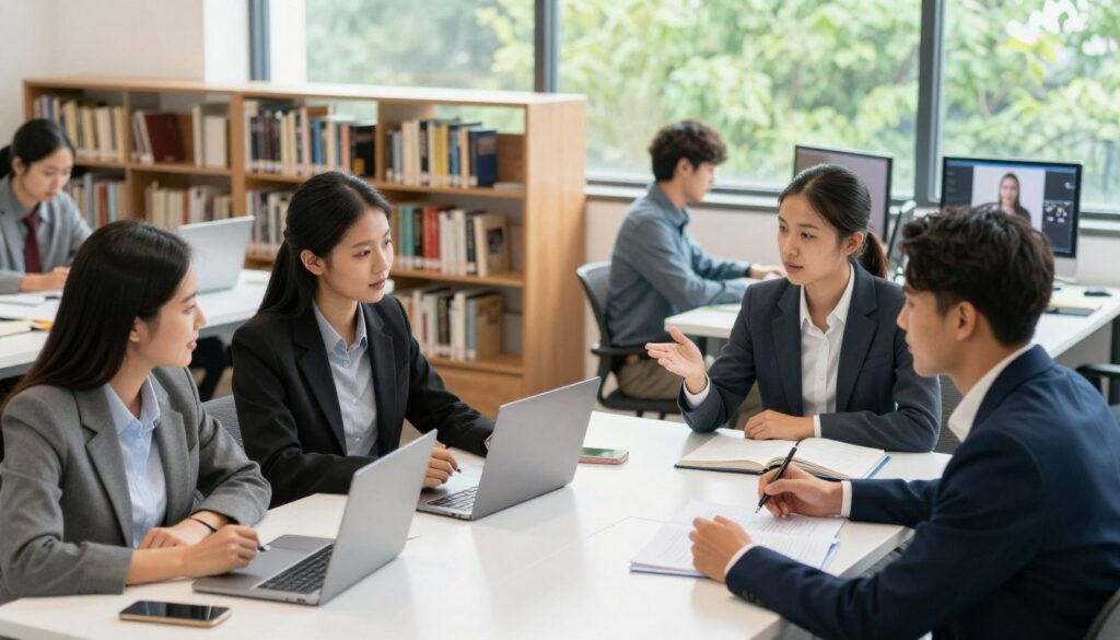 A dynamic study scene illustrating various study modes: in the foreground, a diverse group of students engaged in a lively discussion at a modern desk, dressed in professional business attire, showcasing both on-campus (traditional) and remote (online) study materials. In the middle ground, depict a mix of students studying in a cozy library setting with books and laptops, while others are participating in a virtual class on their computers. The background features a bright window with green trees visible outside, symbolizing a connection to nature. Natural light floods in, creating a warm and inviting atmosphere. The image captures the essence of collaboration, innovation, and learning, embodying a modern approach to education.