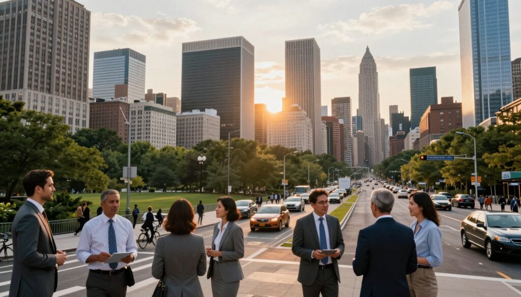 A dynamic urban landscape showcasing the concept of "localization of life in cities" in the United States. In the foreground, a diverse group of professionals in business attire engage in conversation, with a city skyline displaying iconic buildings like skyscrapers and parks interspersed. The middle ground features bustling streets with a mix of vehicles and bicycles, reflecting urban life and mobility. In the background, a sunset casts warm golden light over the city, creating a vibrant yet serene atmosphere. The camera angle is slightly elevated, offering a panoramic view of the city, emphasizing both liveliness and a sense of community. This image should convey the interplay between urban living and professional success, highlighting the key influences on salary variations in different locations.