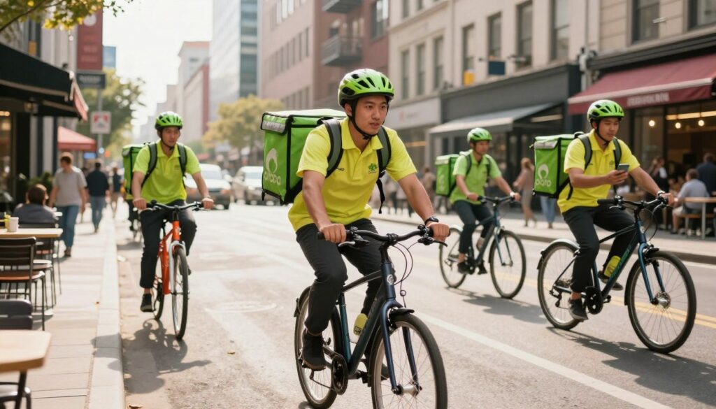 A dynamic urban scene depicting a Glovo courier in the foreground, dressed in a bright, professional outfit with a logoed backpack. The courier is energetically riding a bicycle along a bustling city street, surrounded by tall buildings and cafes. In the middle ground, other couriers can be seen in action, showcasing teamwork and the fast-paced environment of deliveries; some are standing near their bicycles while checking their phones. The background features colorful storefronts and pedestrians, creating a lively atmosphere. The scene is illuminated by warm afternoon sunlight, casting soft shadows and highlighting the vibrant colors of the city. The overall mood is energetic and motivational, symbolizing the journey to becoming a successful courier.