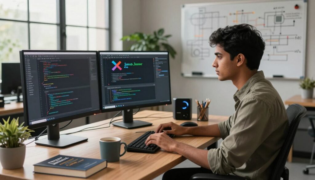 A focused Java developer working intently at a modern workstation filled with dual monitors displaying code and Java-related graphics. The foreground features the developer, a young person of Indian descent, dressed in a smart casual outfit, typing on a mechanical keyboard with a serious expression. In the middle, there are coffee mugs, tech gadgets, and programming books about Java, Python, and JavaScript scattered around. The background showcases a stylish office with a large window letting in soft, natural light, plants, and a whiteboard filled with technical diagrams. The atmosphere is professional yet relaxed, emphasizing a tech-savvy environment, evoking innovation and concentration through warm lighting and a balanced composition. A focused Java developer working intently at a modern workstation filled with dual monitors displaying code and Java-related graphics. The foreground features the developer, a young person of Indian descent, dressed in a smart casual outfit, typing on a mechanical keyboard with a serious expression. In the middle, there are coffee mugs, tech gadgets, and programming books about Java, Python, and JavaScript scattered around. The background showcases a stylish office with a large window letting in soft, natural light, plants, and a whiteboard filled with technical diagrams. The atmosphere is professional yet relaxed, emphasizing a tech-savvy environment, evoking innovation and concentration through warm lighting and a balanced composition.