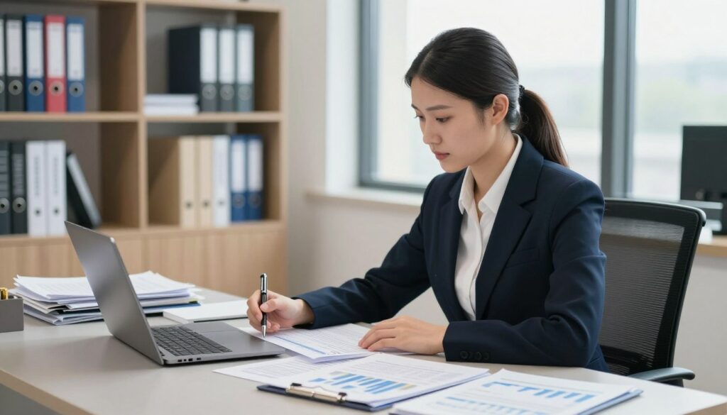 A focused and professional internal auditor in a modern office setting, dressed in smart business attire, sitting at a sleek desk with financial reports, spreadsheets, and a laptop open in front of them. In the background, shelves lined with financial books and compliance documents, alongside a large window letting in natural light that brightens the room. The auditor is engaged in thoughtful analysis, with a pen in hand, reflecting a sense of diligence and expertise. The atmosphere is serious yet inspiring, conveying the importance of formal and legal qualifications in the public finance sector. The image should be taken from a slightly elevated angle to capture both the auditor and the professional workspace effectively, with soft lighting to create a warm yet authoritative mood. A focused and professional internal auditor in a modern office setting, dressed in smart business attire, sitting at a sleek desk with financial reports, spreadsheets, and a laptop open in front of them. In the background, shelves lined with financial books and compliance documents, alongside a large window letting in natural light that brightens the room. The auditor is engaged in thoughtful analysis, with a pen in hand, reflecting a sense of diligence and expertise. The atmosphere is serious yet inspiring, conveying the importance of formal and legal qualifications in the public finance sector. The image should be taken from a slightly elevated angle to capture both the auditor and the professional workspace effectively, with soft lighting to create a warm yet authoritative mood.