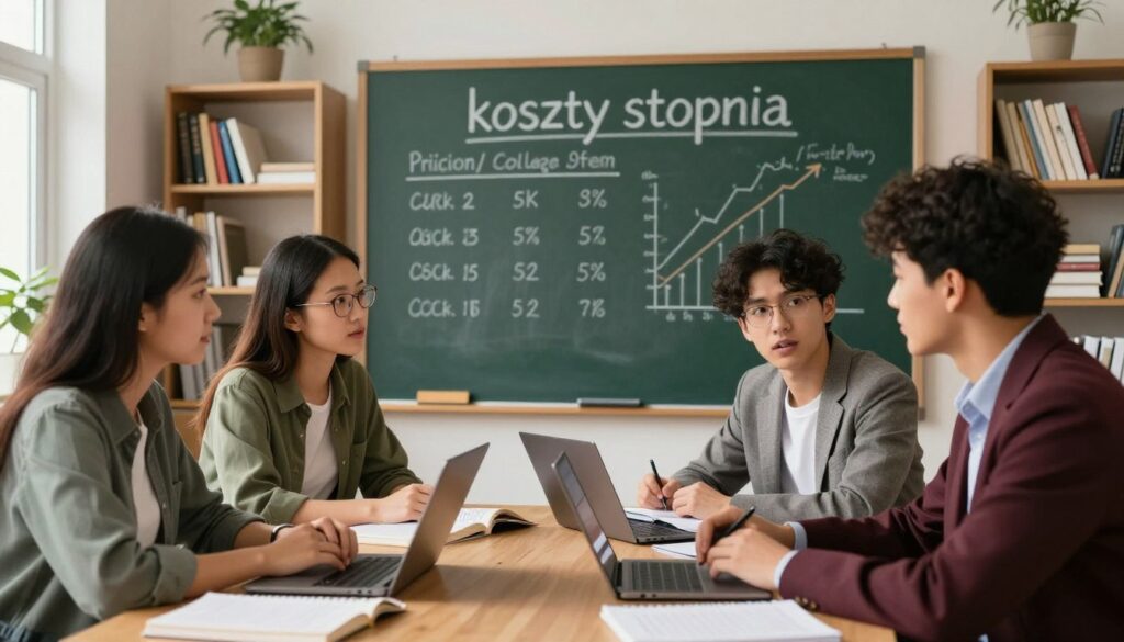 A focused and professional scene depicting the concept of "koszty stopnia" in the context of higher education. In the foreground, a diverse group of three students, dressed in smart casual clothing, are gathered around a table with laptops and textbooks open, engaged in discussion about tuition costs. In the middle, a large chalkboard or whiteboard displays financial calculations and charts regarding college expenses, hinting at the complexity of tuition fees for studies. In the background, a cozy study room filled with bookshelves and educational materials, softly lit by natural sunlight streaming in through a window, creates a warm and inviting atmosphere. The overall mood reflects scholarly ambition and collaboration, emphasizing the serious nature of the topic while maintaining an approachable feel.