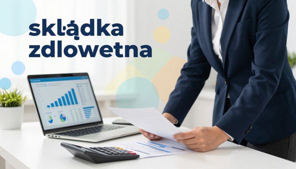 A focused and visually engaging scene illustrating the concept of "składka zdrowotna" or health insurance contribution. In the foreground, a professional individual stands confidently at a modern desk, analyzing paperwork and financial documents, wearing smart business attire. In the middle ground, a laptop displays graphs and statistics related to health contributions, while a calculator lies nearby, symbolizing financial planning. The background features an abstract representation of health and finance, with soft colors and geometric patterns that evoke a sense of security and responsibility. The lighting is bright and inviting, highlighting the individual and the workspace. The atmosphere conveys diligence and professionalism, emphasizing the importance of health contributions in business. A focused and visually engaging scene illustrating the concept of "składka zdrowotna" or health insurance contribution. In the foreground, a professional individual stands confidently at a modern desk, analyzing paperwork and financial documents, wearing smart business attire. In the middle ground, a laptop displays graphs and statistics related to health contributions, while a calculator lies nearby, symbolizing financial planning. The background features an abstract representation of health and finance, with soft colors and geometric patterns that evoke a sense of security and responsibility. The lighting is bright and inviting, highlighting the individual and the workspace. The atmosphere conveys diligence and professionalism, emphasizing the importance of health contributions in business.