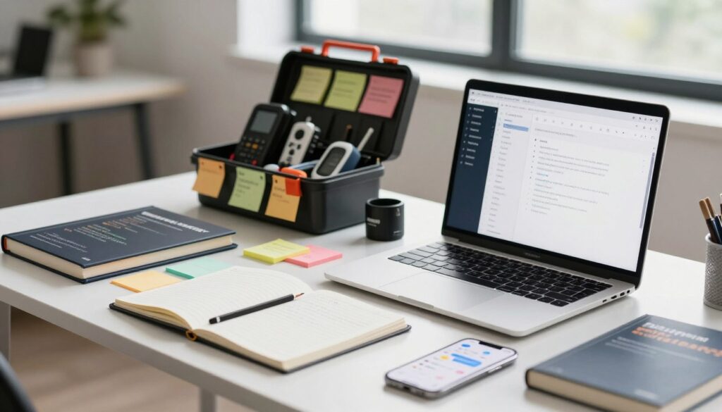 A focused composition showcasing essential software testing tools on a sleek, modern desk. In the foreground, display a high-quality laptop open to a testing software interface, alongside a smartphone with a bug tracking app visible. Include a variety of testing tools like notebooks filled with notes, colorful sticky notes, and a few coding reference books artistically arranged. In the middle ground, add a well-organized toolbox stocked with physical testing gadgets and post-it notes with reminders. The background features a minimalist office environment with soft, natural lighting coming from a large window, creating a calm and professional atmosphere. Use a shallow depth of field to highlight the tools, ensuring they appear crisp and inviting, symbolizing a productive testing workspace. A focused composition showcasing essential software testing tools on a sleek, modern desk. In the foreground, display a high-quality laptop open to a testing software interface, alongside a smartphone with a bug tracking app visible. Include a variety of testing tools like notebooks filled with notes, colorful sticky notes, and a few coding reference books artistically arranged. In the middle ground, add a well-organized toolbox stocked with physical testing gadgets and post-it notes with reminders. The background features a minimalist office environment with soft, natural lighting coming from a large window, creating a calm and professional atmosphere. Use a shallow depth of field to highlight the tools, ensuring they appear crisp and inviting, symbolizing a productive testing workspace.