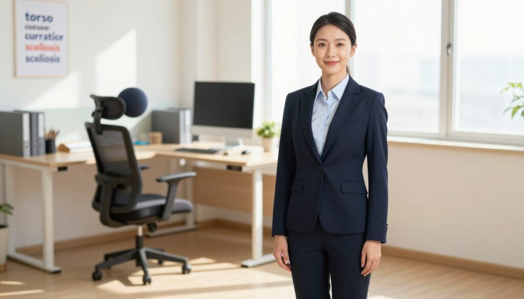 A focused illustration depicting the concept of "torso curvature" or "scoliosis." In the foreground, a professional individual dressed in smart business attire stands confidently, showcasing an ergonomic workspace setup. The middle ground features a well-organized office with a height-adjustable desk, ergonomic chair, and supportive lumbar cushions. Soft, natural lighting streams through a nearby window, casting gentle shadows that enhance the scene's depth. In the background, subtle elements like a plant and motivational poster contribute to a positive and supportive atmosphere. The mood is professional yet approachable, emphasizing safety and comfort in the work environment. The angle should be slightly tilted to capture the curvature while maintaining clarity and focus on the main subject, with no text or markings present.