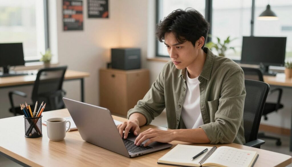 A focused individual sitting at a neatly organized desk, working diligently on a laptop, embodying discipline and productivity. The foreground features a person in casual yet professional attire, with a determined expression, surrounded by stationery and a coffee mug. In the middle, an open notebook and a calendar displaying goals, signifying planning and commitment. The background showcases a well-lit, modern office environment with motivational posters and a large window letting in natural light, creating a warm, inviting atmosphere. The lighting is soft and warm, enhancing the sense of focus and motivation. The angle is slightly above eye level, capturing both the individual’s concentration and the organized workspace, illustrating the theme of building a habit of action through discipline.
