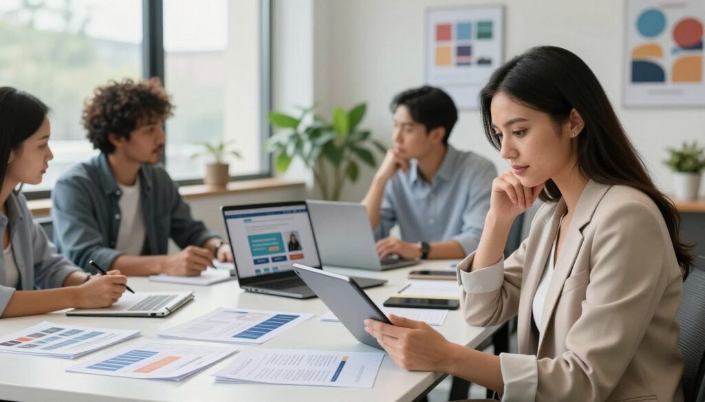A focused scene depicting a modern office environment with a diverse group of professionals engaged in a training selection process. In the foreground, a confident woman in professional attire is reviewing a list of training programs on a tablet, with a thoughtful expression. The middle ground features a table with printed brochures and a laptop displaying a website on training options, surrounded by two colleagues discussing. In the background, a large window lets in soft, natural light, illuminating a bright, spacious office filled with plants and motivational posters. The atmosphere is collaborative and encouraging, inspiring viewers to pursue career advancement through training opportunities. A focused scene depicting a modern office environment with a diverse group of professionals engaged in a training selection process. In the foreground, a confident woman in professional attire is reviewing a list of training programs on a tablet, with a thoughtful expression. The middle ground features a table with printed brochures and a laptop displaying a website on training options, surrounded by two colleagues discussing. In the background, a large window lets in soft, natural light, illuminating a bright, spacious office filled with plants and motivational posters. The atmosphere is collaborative and encouraging, inspiring viewers to pursue career advancement through training opportunities.