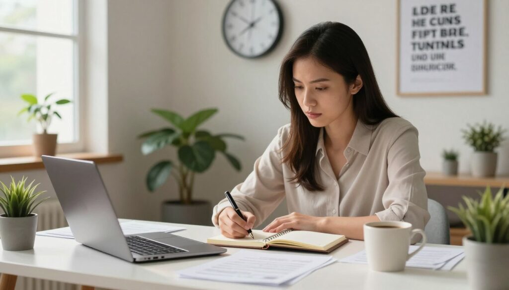 A focused scene depicting a young professional woman sitting at a small desk in a cozy home office, surrounded by neatly organized papers and a laptop. She is actively writing in a planner with a look of determination and clarity on her face. The foreground features a close-up of her hands holding a pen, with a cup of coffee beside her. In the middle ground, a wall clock indicates an efficient schedule, while plants and a motivational poster fill the background, highlighting a sense of productivity and calm. Soft, natural lighting streams in through a window, casting a warm glow on the workspace, creating an inviting and inspiring atmosphere. The mood is one of focus and ambition, emphasizing the steps to begin a side job efficiently. A focused scene depicting a young professional woman sitting at a small desk in a cozy home office, surrounded by neatly organized papers and a laptop. She is actively writing in a planner with a look of determination and clarity on her face. The foreground features a close-up of her hands holding a pen, with a cup of coffee beside her. In the middle ground, a wall clock indicates an efficient schedule, while plants and a motivational poster fill the background, highlighting a sense of productivity and calm. Soft, natural lighting streams in through a window, casting a warm glow on the workspace, creating an inviting and inspiring atmosphere. The mood is one of focus and ambition, emphasizing the steps to begin a side job efficiently.