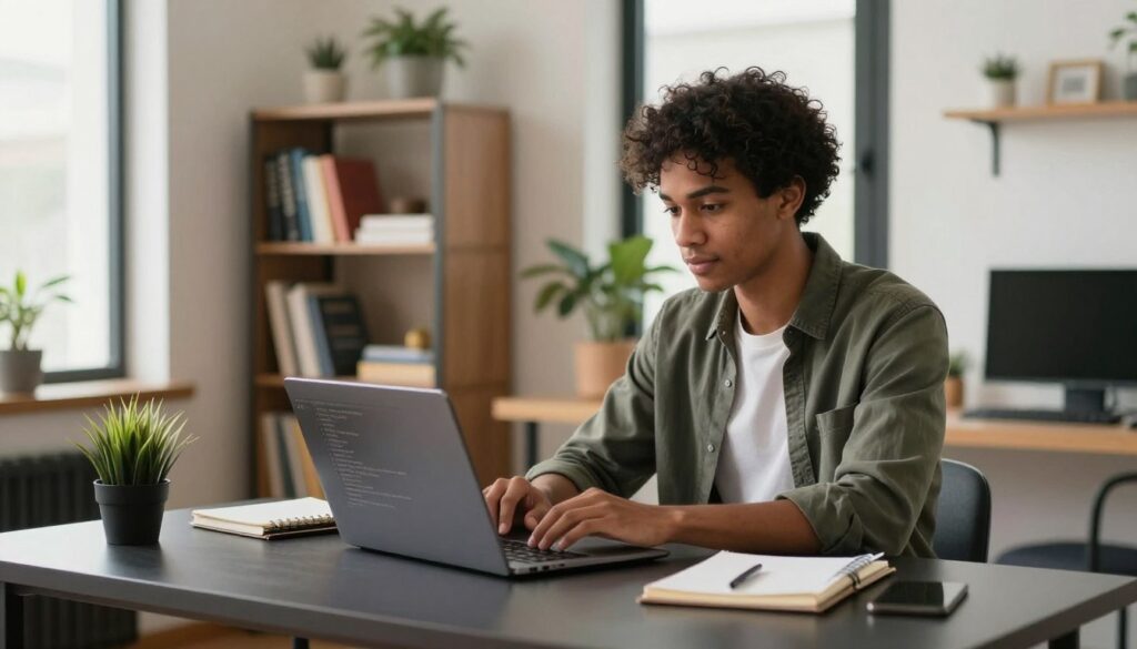 A focused scene depicting a young programmer working at a sleek, modern desk in a cozy home office. The foreground features the programmer, a diverse individual in business casual attire, intently coding on a laptop, surrounded by notebooks and tech gadgets. In the middle ground, a stylish bookshelf filled with programming books and tech references adds depth. In the background, a soothing atmosphere is created by soft, natural light pouring through large windows, illuminating the room with a warm glow. Potted plants bring a touch of nature, enhancing the productive yet relaxed ambiance. The overall mood is inspiring and motivational, embodying the journey of self-learning and growth in the tech field without traditional education.