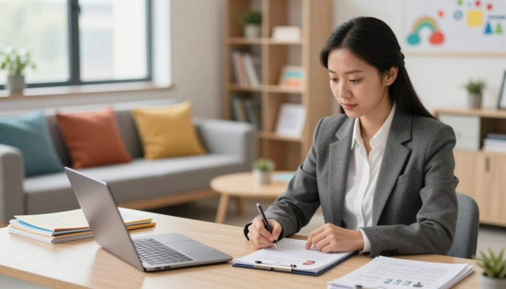 A focused scene inside a modern school psychologist's office, highlighting a professional school psychologist in business attire. In the foreground, the psychologist is seated at a desk filled with educational materials, a laptop open, and a notepad with notes on student evaluations. The middle ground features a comfortable seating area with colorful cushions, symbolizing a welcoming environment for students. In the background, soft shelves display educational books and playful artwork to enhance the atmosphere. Natural light streams through a window, creating a warm and inviting ambiance. The mood is supportive and professional, reflecting the importance of mental health in the educational system, perfect for illustrating the complexities of school psychologist salaries and their assessment.