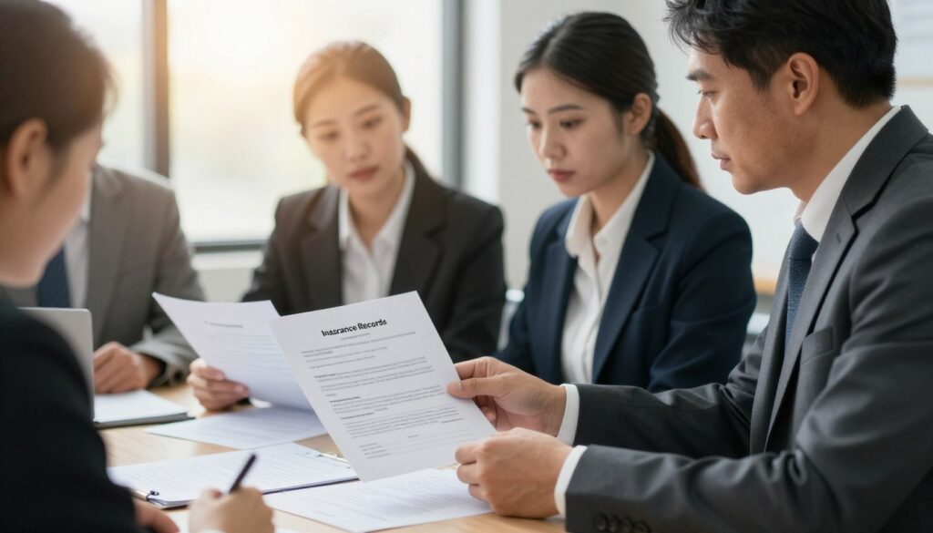 A formal office setting with a group of professionals engaged in discussion around a table filled with papers and documents. The foreground features a middle-aged man in a tailored suit, examining a medical certificate, emphasizing the concept of work incapacity. In the middle ground, there are two women, one in business attire and another in smart casual wear, reviewing a thick file labeled "Insurance Records". The background shows a large window with soft, natural light pouring in, casting a warm glow on the scene. The atmosphere conveys seriousness and professionalism, reflecting the importance of the topic. The image should capture a sense of collaboration and focus on formal procedures regarding work incapacity.