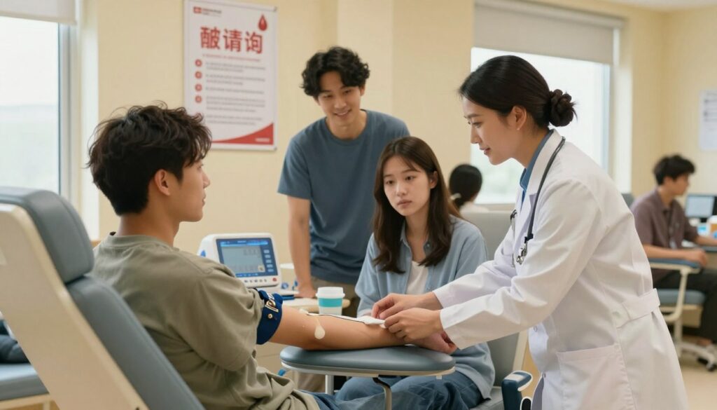 A friendly, professional environment showcasing a diverse group of people, including a healthcare worker in a medical outfit, guiding a nervous first-time blood donor in moderate casual clothing. The foreground features the healthcare worker instructing the donor near a comfortable blood donation chair, with medical equipment neatly arranged. In the middle, a soothing atmosphere is created by soft, warm lighting, highlighting a poster on the wall about blood donation benefits. The background includes a clean, inviting donation room with calming colors and natural light filtering through a window, accentuating a sense of hope and community. The overall mood is encouraging and supportive, capturing the significance of the first blood donation experience.