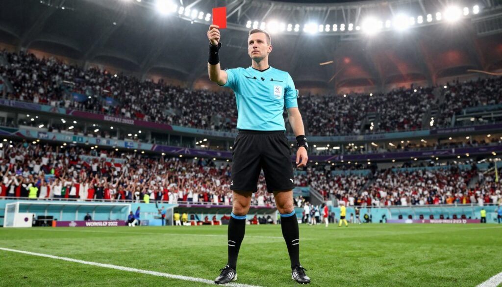 A full-body portrait of Szymon Marciniak, the Polish football referee, in a professional referee uniform standing confidently on a football pitch. He is depicted holding a red card, demonstrating authority and focus. The background features a vibrant stadium filled with cheering fans, capturing the excitement of a World Cup match. The lighting is bright and dramatic, emphasizing the intensity of the moment, with lens flare effects adding a dynamic touch. The angle is slightly low, giving him a heroic stance against the grandeur of the stadium. The overall mood is energetic, symbolizing the high stakes of the World Cup 2022 in Qatar.