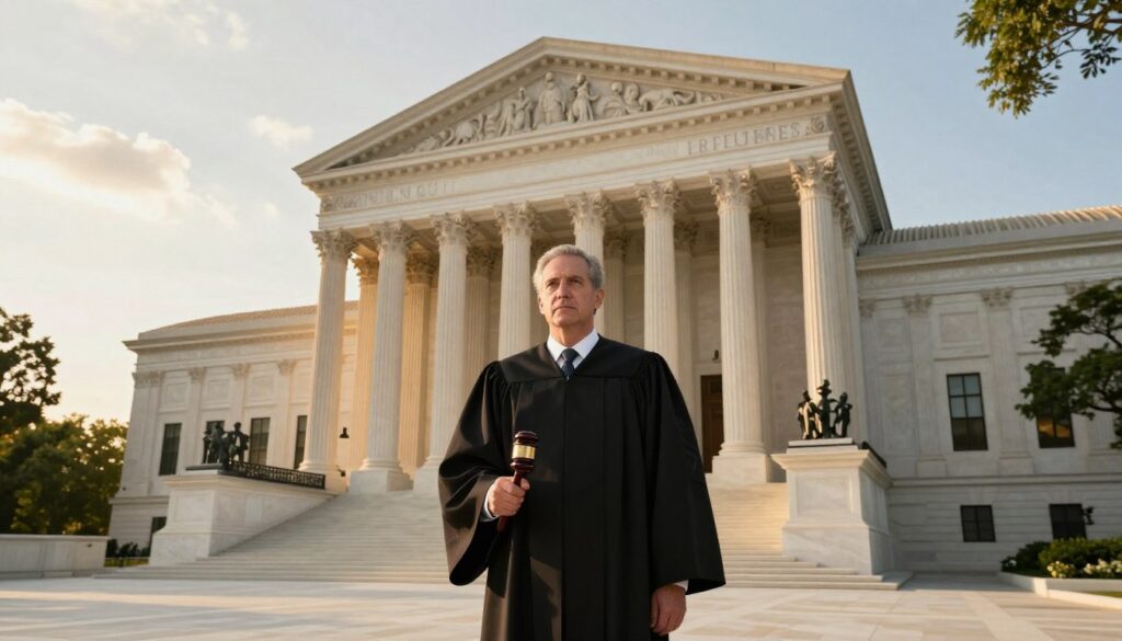 A grand and majestic Supreme Court building, showcasing classical architecture with large columns and a prominent pediment, symbolizing justice and authority. In the foreground, a well-dressed judge in a professional black robe stands confidently, holding a gavel, embodying the essence of the judicial system. The judge's expression is serious yet composed. In the middle ground, steps leading up to the entrance are framed by lush green trees, adding a sense of serenity to the scene. In the background, the sky is illuminated with soft golden sunlight, casting warm hues across the architecture, enhancing the solemn atmosphere. The angle of view is slightly from below, giving the building an imposing presence, while the overall mood conveys respect and gravitas associated with the highest court.