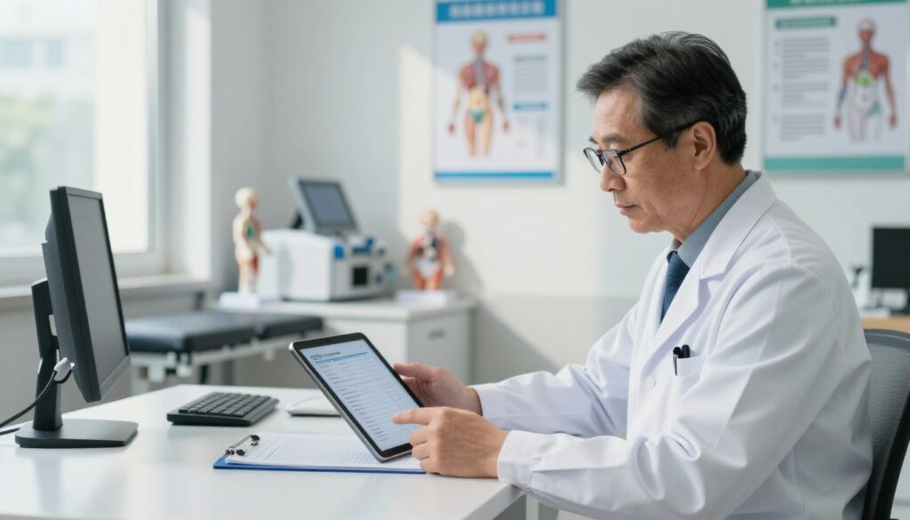 A healthcare professional in a modern clinic setting, examining medical charts and lab results on a tablet. In the foreground, a focused middle-aged doctor in a white lab coat, wearing glasses, is seated at a sleek desk. In the middle ground, a bright examination room with medical equipment, an anatomical model, and informational posters about health assessments. The background features a window with natural light filtering in, casting soft shadows. The atmosphere is professional and attentive, conveying the importance of occupational health assessments. Enhance the image with a shallow depth of field to emphasize the doctor while giving a slight blur to the background elements, suggesting a busy yet organized medical environment.