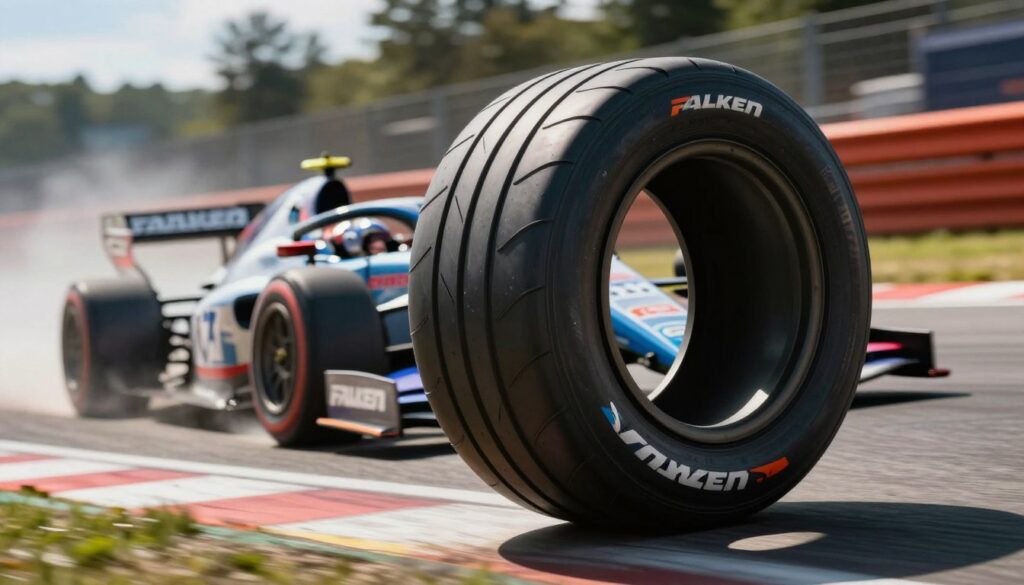 A high-performance racing tire prominently showcased in the foreground, highlighting its intricate tread patterns and branding that reflects Falken's logo. The tire is set against a blurred background of a vibrant motorsport scene, featuring dynamic racing cars speeding around a track. The middle ground includes a fast-moving vehicle kicking up dust, emphasizing the thrill of competition. Dramatic lighting accentuates the tire’s details, casting striking shadows and a slight sheen on the rubber surface. The overall mood captures the adrenaline and excitement of motorsport, symbolizing Falken's legacy of victory and global recognition. The camera angle is slightly low, adding a sense of power and dynamism to the scene, creating an engaging visual experience.