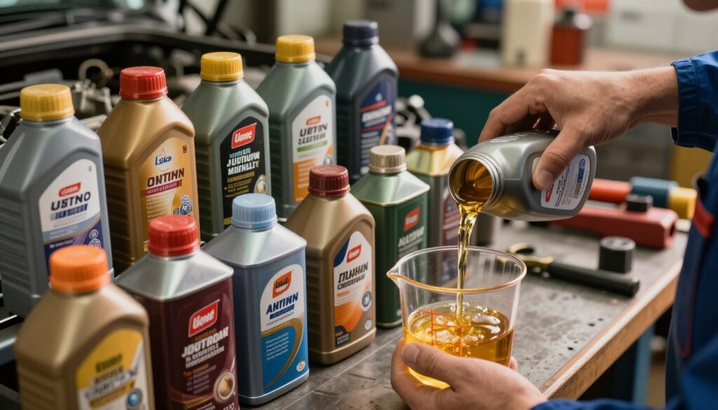 A high-quality close-up image of various engine oils displayed on a workbench, with the focus on their viscosity, featuring different containers labeled with brand names and viscosity ratings. In the foreground, a mechanic's hand is gently pouring oil into a transparent measuring cup, showcasing the oil's flow and texture. The middle layer depicts an array of oil cans with different colors and designs, emphasizing the importance of checking compatibility before usage. The background features a blurred garage with tools and equipment, illuminated by warm, ambient lighting to create a focused and professional atmosphere. The camera angle captures the action from slightly above, highlighting the careful examination of the oils. The mood is technical yet approachable, suitable for an informative article on engine care.