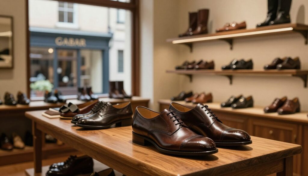 A historical depiction of the Gabor shoe brand, showcasing elegant footwear designs in a cozy boutique setting. In the foreground, a stylish pair of Gabor shoes sits atop a wooden display table, emphasizing their craftsmanship and quality. In the middle ground, shelves filled with various Gabor shoe styles line the walls, all beautifully arranged. The background features a large, softly-lit window displaying the exterior of a charming store with vintage aesthetics, hinting at the brand's legacy. Gentle ambient lighting creates a warm and inviting atmosphere, enhancing the sophisticated mood. The perspective is slightly angled to provide a dynamic view, showcasing both the shoes and the inviting space. The image should evoke a sense of history, craftsmanship, and elegance, reflecting the essence of the Gabor brand. A historical depiction of the Gabor shoe brand, showcasing elegant footwear designs in a cozy boutique setting. In the foreground, a stylish pair of Gabor shoes sits atop a wooden display table, emphasizing their craftsmanship and quality. In the middle ground, shelves filled with various Gabor shoe styles line the walls, all beautifully arranged. The background features a large, softly-lit window displaying the exterior of a charming store with vintage aesthetics, hinting at the brand's legacy. Gentle ambient lighting creates a warm and inviting atmosphere, enhancing the sophisticated mood. The perspective is slightly angled to provide a dynamic view, showcasing both the shoes and the inviting space. The image should evoke a sense of history, craftsmanship, and elegance, reflecting the essence of the Gabor brand.