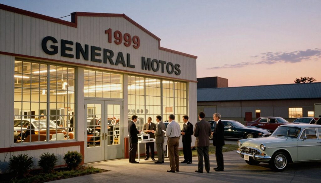 A historical depiction of the year 1999 at General Motors, showcasing the emergence of Delphi as a standalone automotive company. In the foreground, a vintage General Motors factory with classic architectural features and large glass windows, reflecting the industrious spirit of the era. The middle ground features workers in professional business attire engaging with automotive technologies, symbolizing innovation and collaboration. In the background, a blend of modern and vintage vehicles represents the evolution of the automobile, set against a dusky twilight sky that casts a warm glow over the scene. The lighting is soft yet vivid, capturing the essence of progress and change, emphasizing a mood of anticipation and transformation. No text overlays or signatures.