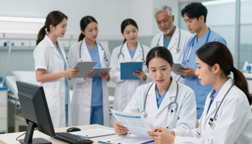 A illuminated hospital setting, showcasing a group of medical residents in professional attire, engaging in a discussion about their income benefits. In the foreground, a male and female resident examine a financial report together, paperwork and a calculator on a table. The middle layer features a diverse group of residents, including individuals of various ethnicities, exchanging ideas and collaborating on a project related to their income supplements. The background captures a vibrant hospital ward with medical equipment and charts, emphasizing a busy healthcare environment. Soft, natural lighting creates an inviting atmosphere, enhancing the sense of camaraderie and professionalism among the residents. The overall mood is focused and optimistic, reflecting the aspirations of medical professionals.