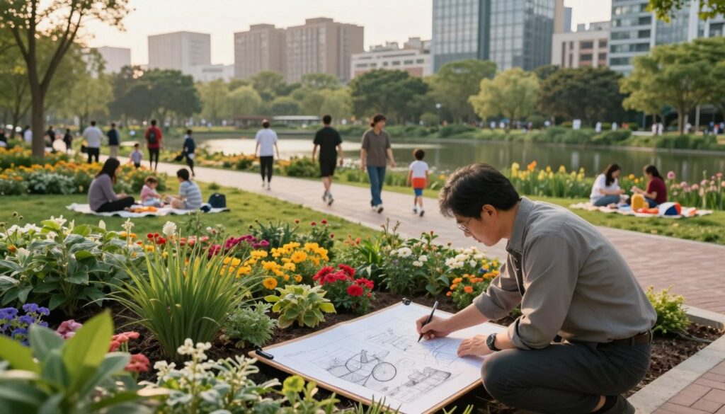 A landscape architect at work in a vibrant city park, meticulously sketching designs on a large pad. In the foreground, the architect, a middle-aged person in professional attire, is thoughtfully analyzing plant placements amidst colorful flowers and green shrubs. The middle ground features diverse groups of people enjoying the park—families picnicking, joggers on a path, and children playing near a pond. The background reveals a skyline of modern buildings, setting an urban context. The soft afternoon light casts warm hues, creating a serene yet productive atmosphere. The angle is slightly elevated, providing a clear view of the architect's engagement with the landscape, symbolizing their role in enhancing urban environments. A landscape architect at work in a vibrant city park, meticulously sketching designs on a large pad. In the foreground, the architect, a middle-aged person in professional attire, is thoughtfully analyzing plant placements amidst colorful flowers and green shrubs. The middle ground features diverse groups of people enjoying the park—families picnicking, joggers on a path, and children playing near a pond. The background reveals a skyline of modern buildings, setting an urban context. The soft afternoon light casts warm hues, creating a serene yet productive atmosphere. The angle is slightly elevated, providing a clear view of the architect's engagement with the landscape, symbolizing their role in enhancing urban environments.