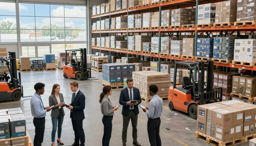 A large logistics warehouse in Poland, bustling with activity, showcases a modern interior filled with neatly organized shelves of merchandise. In the foreground, a diverse group of workers in professional business attire are collaborating on inventory management, using digital devices. The middle ground features rows of pallets stacked high with products, while forklifts navigate through the aisles efficiently. The background displays large windows allowing natural light to flood the space, creating an inviting atmosphere. The setting is crisp and clean, reflecting an efficient logistics operation. The overall mood is dynamic and professional, highlighting the organized chaos of a busy distribution center, with a clear blue sky visible through the windows. A large logistics warehouse in Poland, bustling with activity, showcases a modern interior filled with neatly organized shelves of merchandise. In the foreground, a diverse group of workers in professional business attire are collaborating on inventory management, using digital devices. The middle ground features rows of pallets stacked high with products, while forklifts navigate through the aisles efficiently. The background displays large windows allowing natural light to flood the space, creating an inviting atmosphere. The setting is crisp and clean, reflecting an efficient logistics operation. The overall mood is dynamic and professional, highlighting the organized chaos of a busy distribution center, with a clear blue sky visible through the windows.