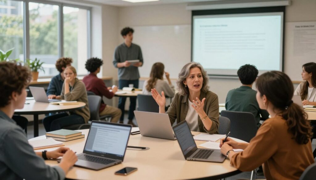 A lively, dynamic scene of non-traditional university classes in action, showcasing a diverse group of adult students engaged in an interactive learning environment. In the foreground, a middle-aged woman in smart casual attire discusses passionately with her classmates at a round table filled with laptops and books. In the middle, a young man presents on a digital projector, while others take notes and ask questions. The background features a modern classroom filled with large windows allowing natural light to flood in, with greenery visible outside. The atmosphere is vibrant and collaborative, highlighting the uniqueness of non-traditional education settings, with soft focus on the background to emphasize active engagement among students. The lighting is warm, creating an inviting and inclusive ambiance. A lively, dynamic scene of non-traditional university classes in action, showcasing a diverse group of adult students engaged in an interactive learning environment. In the foreground, a middle-aged woman in smart casual attire discusses passionately with her classmates at a round table filled with laptops and books. In the middle, a young man presents on a digital projector, while others take notes and ask questions. The background features a modern classroom filled with large windows allowing natural light to flood in, with greenery visible outside. The atmosphere is vibrant and collaborative, highlighting the uniqueness of non-traditional education settings, with soft focus on the background to emphasize active engagement among students. The lighting is warm, creating an inviting and inclusive ambiance.