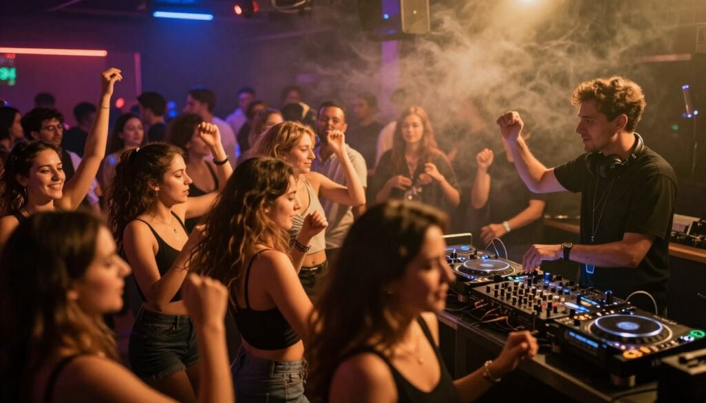 A lively nightclub scene bustling with an engaged audience. In the foreground, diverse groups of people are dancing joyfully, embodying the energy and excitement of the dance floor. The middle ground showcases a DJ performing passionately, with a focus on their professional attire, creating an atmosphere of artistry and connection. In the background, colorful lights cast a vibrant glow over the crowd, enhancing the feeling of exhilaration. Soft smoke effects add depth, creating an almost ethereal vibe. The image should capture a sense of community and connection, highlighting the psychology of the dance floor. Use dramatic lighting with warm hues to reflect the upbeat mood, taken from a low angle to emphasize the DJ’s performance and the audience's engagement.