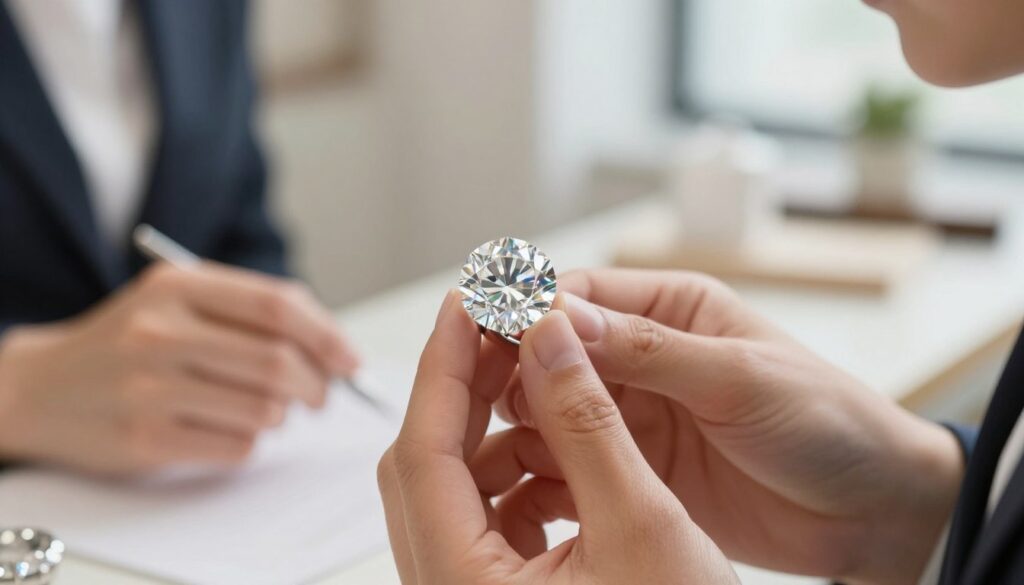 A luxurious and elegant close-up view of a beautifully crafted diamond, showcasing its brilliant facets and sparkle, symbolizing high-quality craftsmanship. The diamond should be set against a softly blurred background of a sophisticated jewelry workshop, with soft natural light illuminating its surface to highlight its clarity and brilliance. In the foreground, delicate hands wearing professional business attire gently hold the diamond, emphasizing the attention to detail and quality associated with Diamant L'Eternel. The scene conveys an atmosphere of opulence and artistry, reflecting the brand's commitment to both mined and created diamonds, while subtly hinting at the 4C standards of quality. Use a shallow depth of field to draw focus to the diamond, with warm, inviting colors to enhance the luxurious feel of the image.