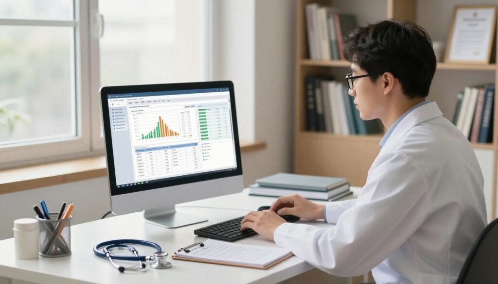 A medical professional, dressed in a neat white coat and wearing glasses, sits at a modern office desk with a computer displaying a detailed electronic health record system. The screen shows charts and graphs related to occupational health data. In the foreground, there's a stethoscope and a notepad with medical notes nearby. The middle ground features a large window allowing soft, natural light to filter in, creating a welcoming atmosphere. In the background, shelves filled with medical books and certificates add a professional touch. The scene conveys a sense of diligence and focus, emphasizing the importance of data analysis in occupational medicine. Use a warm color palette to enhance the workspace's inviting feel, captured from a slightly elevated angle to provide a comprehensive view of the environment. A medical professional, dressed in a neat white coat and wearing glasses, sits at a modern office desk with a computer displaying a detailed electronic health record system. The screen shows charts and graphs related to occupational health data. In the foreground, there's a stethoscope and a notepad with medical notes nearby. The middle ground features a large window allowing soft, natural light to filter in, creating a welcoming atmosphere. In the background, shelves filled with medical books and certificates add a professional touch. The scene conveys a sense of diligence and focus, emphasizing the importance of data analysis in occupational medicine. Use a warm color palette to enhance the workspace's inviting feel, captured from a slightly elevated angle to provide a comprehensive view of the environment.