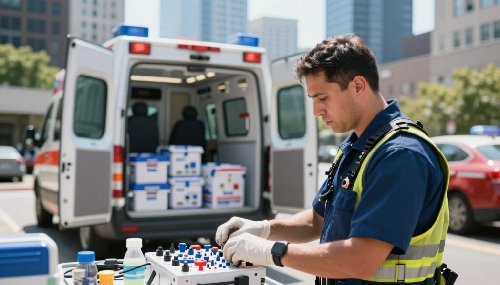 A medical professional in a busy emergency services environment, showcasing various aspects of their working conditions. In the foreground, a paramedic in professional attire, wearing a uniform and safety gear, is examining medical equipment. In the middle ground, an ambulance is parked with the rear doors open, revealing organized medical supplies. The background shows a cityscape with skyscrapers under a clear blue sky, symbolizing urban emergency response. Soft, natural lighting conveys a sense of urgency yet professionalism, with a slightly blurred focus on the background to emphasize the paramedic's actions. The overall atmosphere is dynamic, highlighting the challenges and responsibilities faced by emergency medical responders.