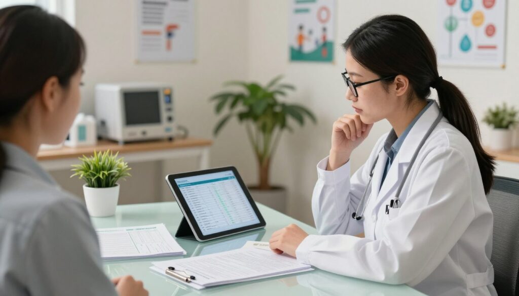 A medical professional in a modern clinic setting, thoughtfully reviewing a patient’s health records and test results on a digital tablet. The foreground features the doctor, a woman in a white lab coat and glasses, sitting at a sleek glass desk. In the middle, various medical charts and health documents are scattered, hinting at the importance of preliminary examinations. The background reveals a well-lit, contemporary office with medical equipment, potted plants, and motivational health posters on the walls. Soft, warm lighting creates a reassuring atmosphere, emphasizing the notion of care and diligence. The angle captures the professional in a candid moment of contemplation, highlighting the theme of the necessity to repeat preliminary tests in different scenarios.