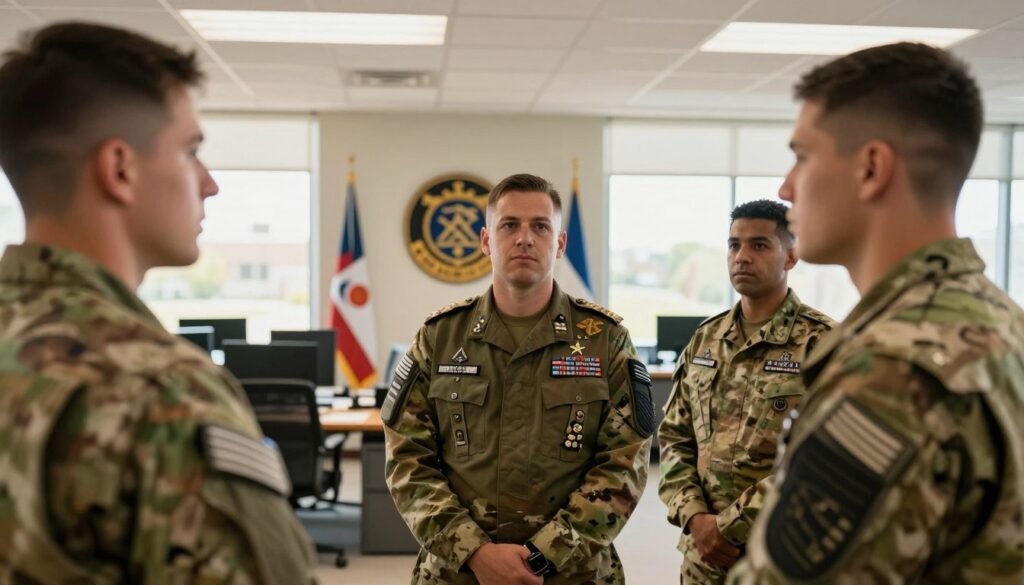 A military service scene showcasing dedicated personnel in a professional setting. In the foreground, three soldiers in formal military uniforms, representing various branches of the armed forces, are engaged in a serious discussion, highlighting a sense of teamwork and professionalism. The middle ground features a modern office environment with military emblems and flags subtly displayed, symbolizing official military presence. The background includes large windows that let in warm, natural light, creating an inviting yet disciplined atmosphere. Use a wide-angle lens to slightly exaggerate the depth, emphasizing the camaraderie and focus of the soldiers. The mood is earnest and reflective, ideal for conveying the importance of military service in relation to employment tenure.