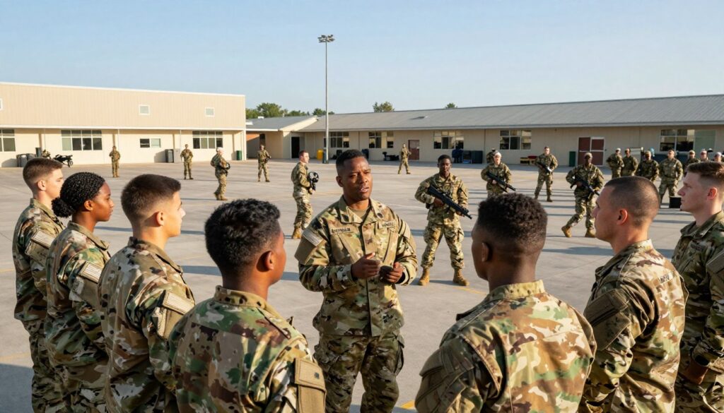 A military service setting depicting a diverse group of individuals in professional military attire, standing in formation. In the foreground, a commanding officer discusses service options with a small group of service members, showcasing unity and diversity. The middle ground features various military personnel engaged in training exercises, highlighting different aspects of military service. In the background, a barracks and training facility can be seen, under a clear blue sky with soft sunlight illuminating the scene. The atmosphere is serious yet inspiring, reflecting teamwork and dedication in military life. The lens captures the scene from a slightly elevated angle, emphasizing the camaraderie and commitment of those serving.