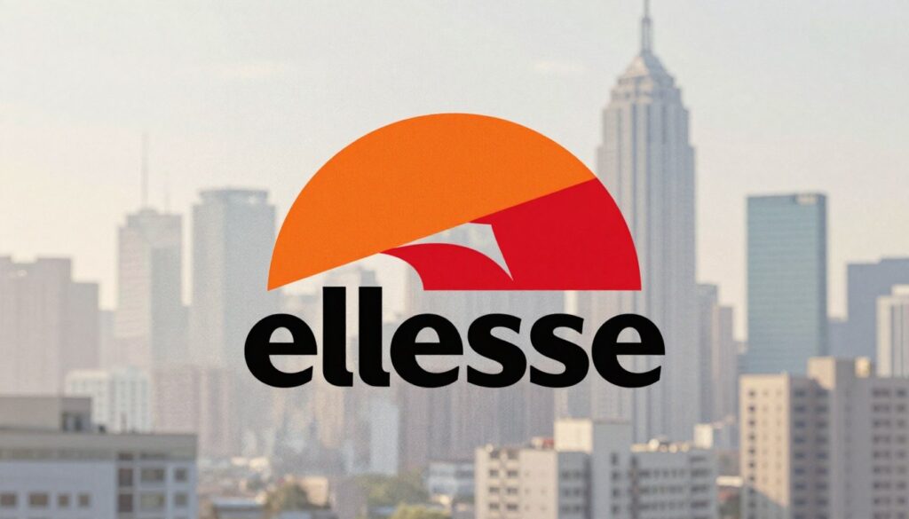 A minimalist and modern logo design of a half-ball shape inspired by the iconic Ellesse branding, featured prominently in the foreground. The logo should be sleek, utilizing a vibrant color palette of orange, red, and black, capturing a sense of sporty elegance. In the middle ground, a subtle texture resembling fabric or sportswear material should provide context to the logo's origins in athleticism. The background features a faint cityscape silhouette, evoking the transition from sports to streetwear culture. Soft, natural lighting should create an inviting atmosphere, with a slight depth of field effect to emphasize the logo. The composition should convey a blend of luxury, nostalgia, and contemporary style, symbolizing the evolution of Ellesse in the world of fashion.