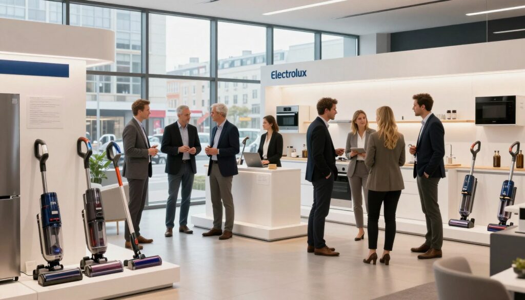 A modern Electrolux showroom in Poland, showcasing an array of sleek, contemporary home appliances elegantly displayed. In the foreground, a diverse group of professional men and women in business attire examines the latest vacuum cleaners and kitchen appliances, sharing insights and ideas. The middle features sophisticated products, highlighted by soft, diffuse lighting that accentuates their modern design. In the background, large windows reveal a bustling Polish cityscape, hinting at Electrolux's presence in the local market. The atmosphere is bright and inviting, conveying innovation and professionalism, with a warm color palette to enhance the welcoming feel of the environment. The scene captures the essence of Electrolux's commitment to quality and presence in Poland.