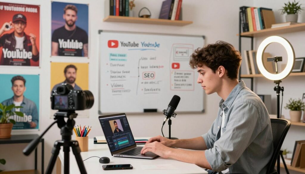 A modern YouTube video setup showcasing a content creator in a bright, well-organized home studio. In the foreground, a young adult dressed in smart casual attire is seated at a desk, focused intently on a laptop displaying video editing software. Surrounding the workspace are colorful posters of popular YouTubers, along with a vibrant array of video production equipment, including a camera on a tripod, a ring light emitting soft, warm light, and a microphone. In the middle ground, a large whiteboard filled with creative ideas, SEO strategies, and video titles is visible. The background features shelves filled with books about digital marketing and YouTube growth, creating an inspiring atmosphere. The overall mood is energetic and motivational, emphasizing the creativity and dedication involved in publishing successful YouTube videos. A modern YouTube video setup showcasing a content creator in a bright, well-organized home studio. In the foreground, a young adult dressed in smart casual attire is seated at a desk, focused intently on a laptop displaying video editing software. Surrounding the workspace are colorful posters of popular YouTubers, along with a vibrant array of video production equipment, including a camera on a tripod, a ring light emitting soft, warm light, and a microphone. In the middle ground, a large whiteboard filled with creative ideas, SEO strategies, and video titles is visible. The background features shelves filled with books about digital marketing and YouTube growth, creating an inspiring atmosphere. The overall mood is energetic and motivational, emphasizing the creativity and dedication involved in publishing successful YouTube videos.